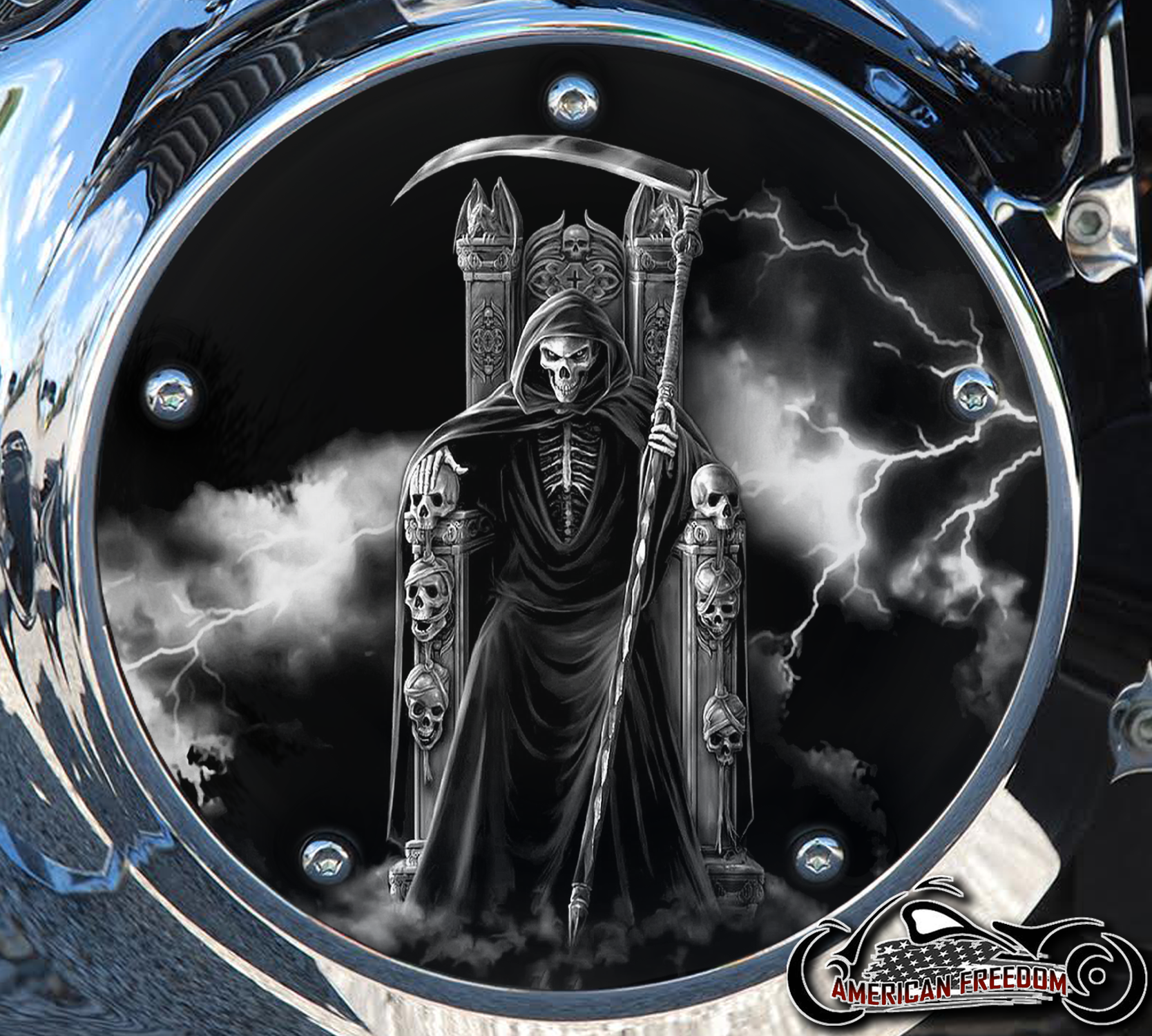 Custom Derby Cover - Reaper On Throne Of Lightning B&W